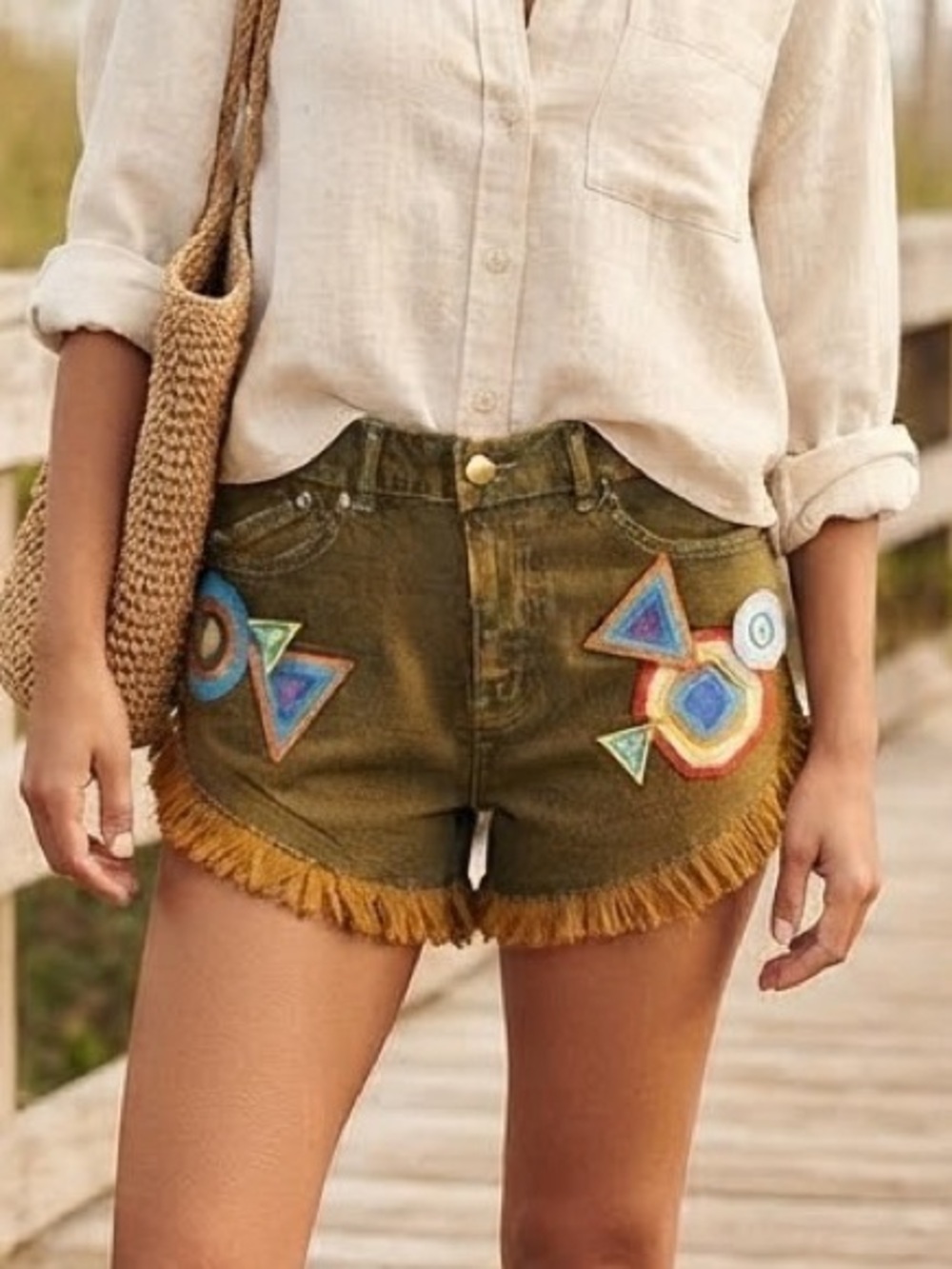 NWT Chaser Colorful Geometric Embroidery Frayed Hem Denim Shorts Size 26